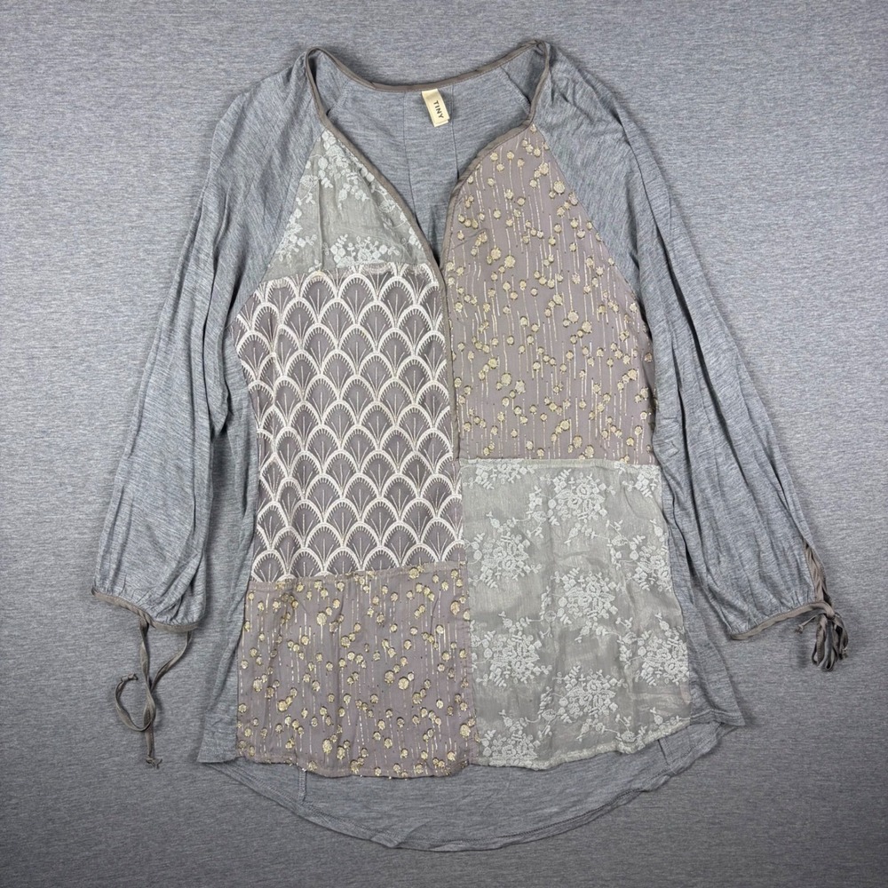 Anthropologie TINY Tunic Top Womens M Gray Patchwork Lace Silk Blend Boho
